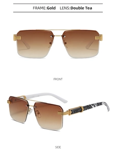 Detail of square rimless sunglasses with gradient tea lenses and marble wood grain temples