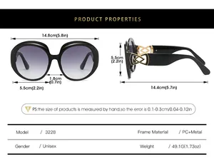 Detailed size chart for retro oval oversized sunglasses showing frame dimensions and materials