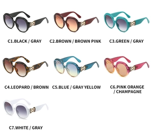 Detailed comparison of wide oval sunglasses in seven colorways with gold metal hinges