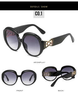 Detailed views of oval sunglasses with black frames and decorative gold geometric hinges