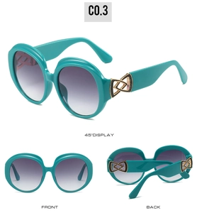 Three-way view of oval vintage sunglasses with blue frame and gold metal hollow hinge detail
