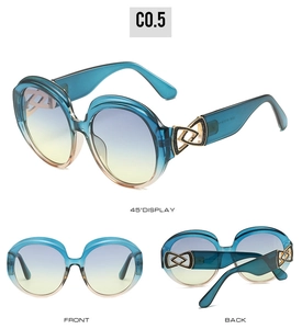 Detailed views of gradient teal oval sunglasses with golden geometric metal hinges