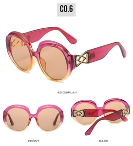 Three-angle display of oval sunglasses with pink gradient frames and metal accents