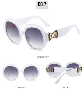 Three-view display of thick white oval sunglasses with purple gradient lenses and gold metal joints