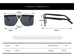 Detailed size chart for unisex oversized half-frame sunglasses with specific dimensions