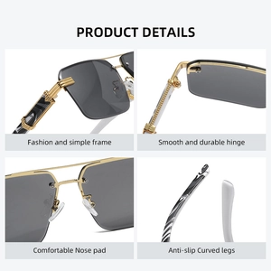 Square rimless sunglasses with wood grain temples and metal frames in professional detail view
