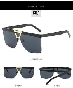 Detailed views of semi-rimless oversized sunglasses with gold metal inverted triangle