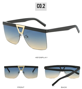 Detail view of large-frame sunglasses with blue-yellow gradient lenses and golden hardware