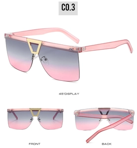 Detailed views of stylish semi-rimless sunglasses with pink frames and gradient lenses