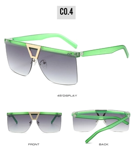 Three views of neon green semi-rimless oversized sunglasses with gold metal detail