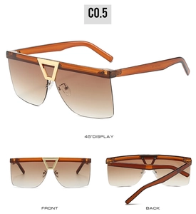 Detailed multi-angle view of oversized half-frame sunglasses with amber frames and gradient lenses