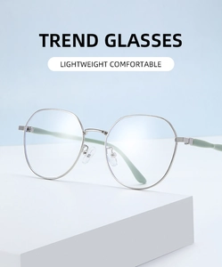 Detail of silver round metal glasses frame with light green anti-slip temple tips