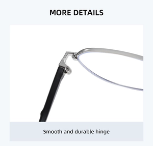 Detail view of smooth and durable silver metal hinge on minimalist black eyewear frames