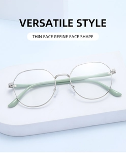 Detail of silver metal frame glasses with mint green temples on a blue background