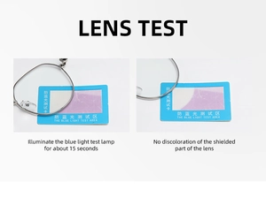 Blue light blocking test on silver metal frame glasses lenses with testing card results