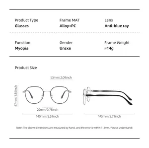 Detailed size specifications for metal frames including frame width and lens dimensions
