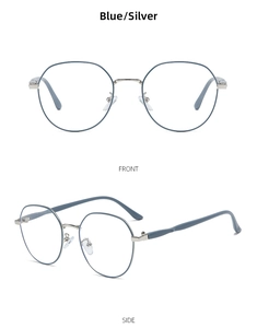 Front and side views of blue and silver metal round frame glasses with acetate tips