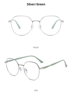 Front and side view of silver metal polygon glasses with light green temple tips