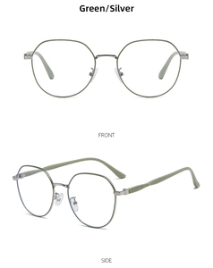 Front and side views of vintage round green frames with silver metal bridge details