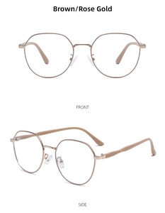 Front and side view of brown and rose gold hexagonal metal frame glasses with acetate tips