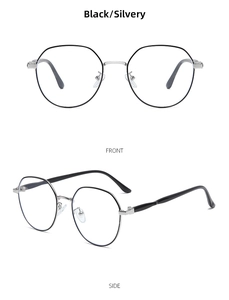 Front and side views of stylish black and silver round frame glasses with metal bridge