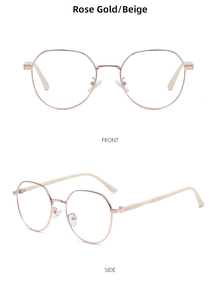 Front and side views of rose gold metal eyeglasses frame with beige acetate temple tips