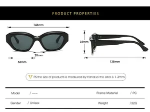 Detailed size chart for minimalist cat eye sunglasses showing PC frame dimensions