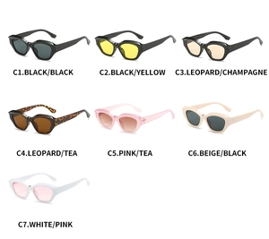 Detailed grid showing seven color variations of trendy cat-eye sunglasses with UV400 lenses