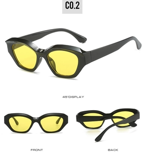 Detailed multi-angle views of cat eye sunglasses with black frames and yellow lenses