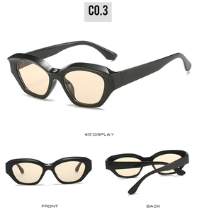 Three-angle display of black cat-eye sunglasses with transparent amber lenses and thick frame