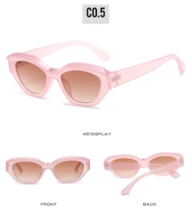 Three-angle view of pink transparent cat eye sunglasses with brown gradient lenses