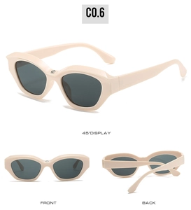 Three-angle view of cream cat-eye sunglasses with dark grey lenses and chunky frames