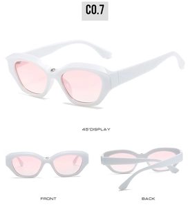 Detailed views showing cat-eye frame design and pink lenses from multiple angles