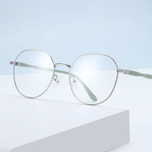 Silver geometric metal glasses frame with light green temple tips for women