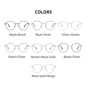 Flat lay of polygon metal eyeglasses in multiple colors like black, silver and rose gold