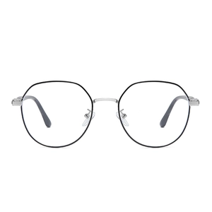 Polygonal black and silver metal frame glasses with transparent lenses on white background