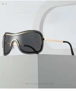 Close-up of Y2K sunglasses with dark lenses and elegant gold metal top bar details