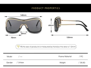Size chart for Y2K oversized sunglasses with PC frame and detailed product dimensions