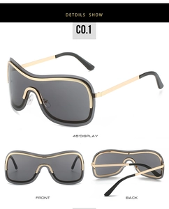 Detailed views of gold rimmed Y2K wrap sunglasses with dark lenses from multiple angles