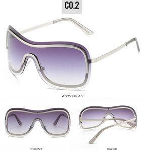 Three views of silver frame shield sunglasses with purple gradient lenses in Y2K style