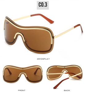 Three-angle views of brown wraparound sunglasses with gold metal frames and Y2K style