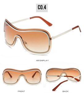Three angles of Y2K shield sunglasses with orange gradient lenses and silver metal frames