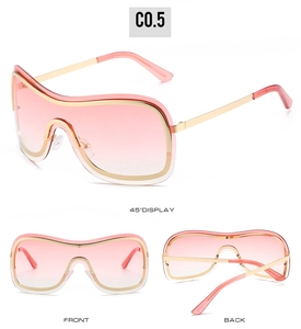 Detailed views of pink gradient shield sunglasses with sleek gold metal temples