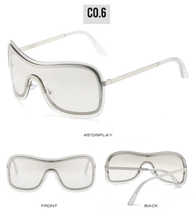 Three-view display of futuristic Y2K wraparound sunglasses with clear frame and silver legs