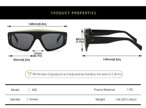 Detailed size chart for oversized sunglasses showing dimensions, weight, and PC frame material