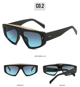 Detailed multi-angle views of oversized flat top sunglasses with blue gradient lenses