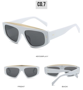 Three-way view of white oversized sunglasses with gold metal trim and dark grey lenses