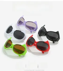 Detailed display of devil horn Y2K sunglasses in purple, white, black, red, and green