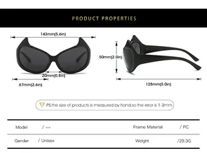 Detailed size chart for Y2K devil horn sunglasses with dimensions and PC frame specs
