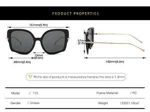 Detaillierte Größentabelle für Cat-Eye-Sonnenbrillen mit Maßen und Produkteigenschaften